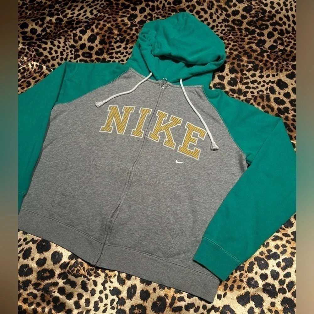 Nike Gray & Green Logo Zip Up Hoodie